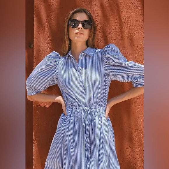 Hunter Bell McCauley Blue and White Striped Puff Sleeve Dress - Picture 1 of 5